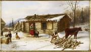 Cornelius Krieghoff Chopping Logs Outside a Snow Covered Log Cabin oil painting